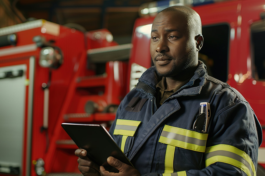 fire fighter holding a tablet